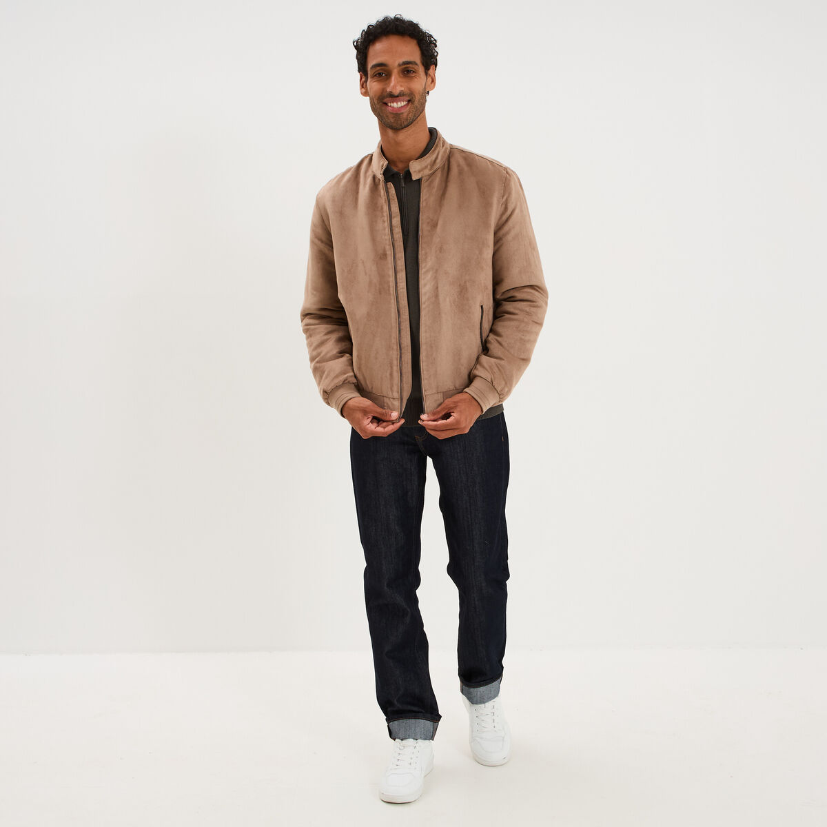 Blouson col biker en su&eacute;dine zipp&eacute; taupe homme