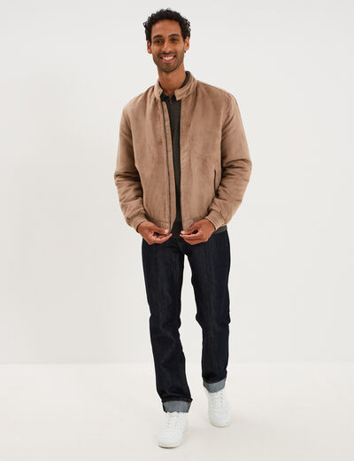 Blouson col biker en su&eacute;dine zipp&eacute; taupe homme