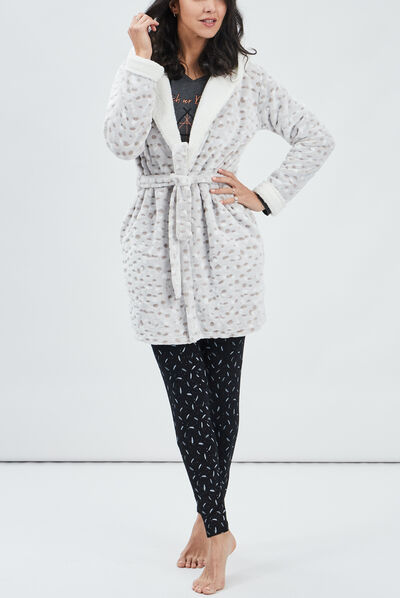 Peignoir ceinturé à capuche sable femme