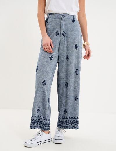 Pantalon large brod&eacute; bleu fonc&eacute; femme
