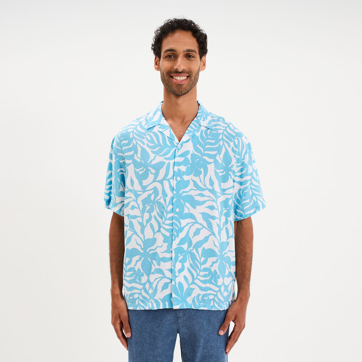 Chemise l&eacute;g&egrave;re textur&eacute;e manches courtes bleu turquoise homme