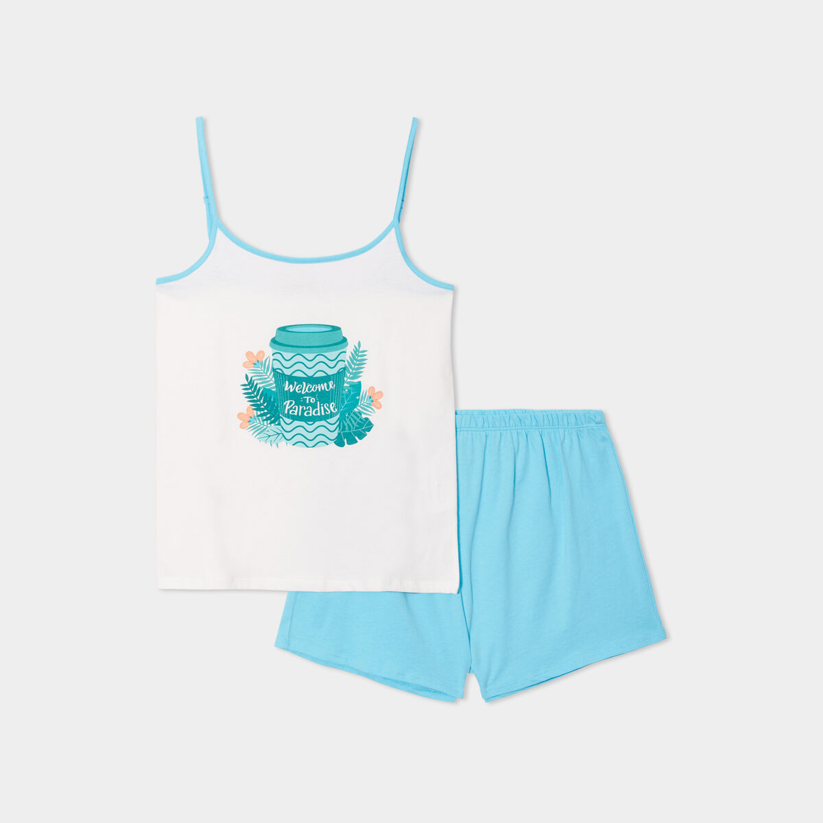 Ensemble pyjama short et débardeur coton bleu turquoise femme