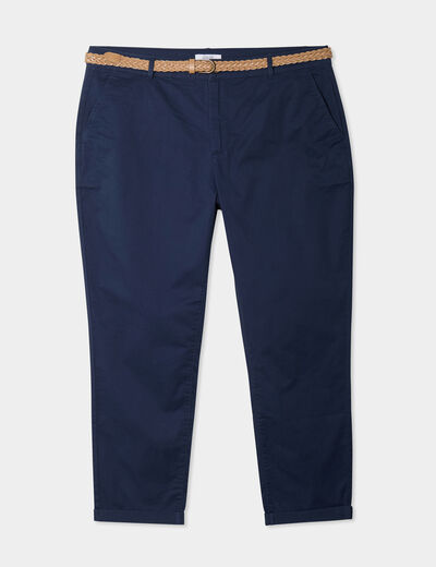 Pantalon chino cigarette ceinturé coton bleu marine femme grande taille
