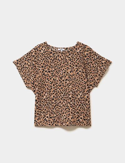 T-shirt gaufr&eacute; col rond manches courtes beige femme