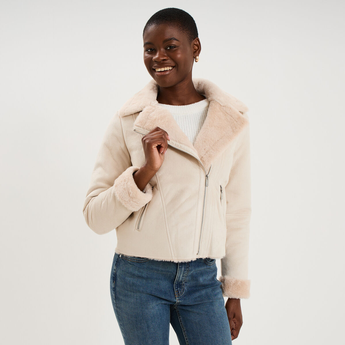 Veste col aviateur zipp&eacute;e doubl&eacute;e beige femme