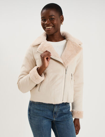 Veste col aviateur zipp&eacute;e doubl&eacute;e beige femme