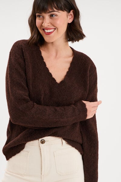 Pull col V ajour&eacute; manches longues marron fonc&eacute; femme