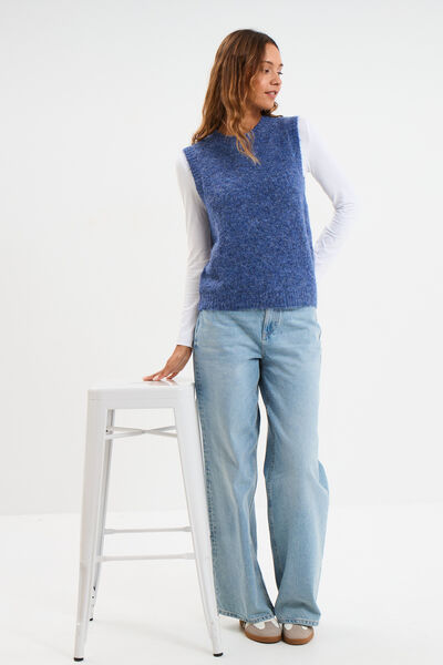 Pull sans manches col rond bleu femme