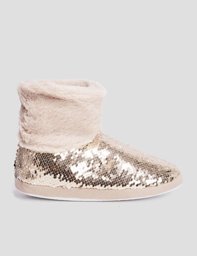 Chaussons bottines sequins et fourrure jaune or femme