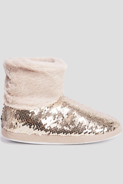 Chaussons bottines sequins et fourrure jaune or femme