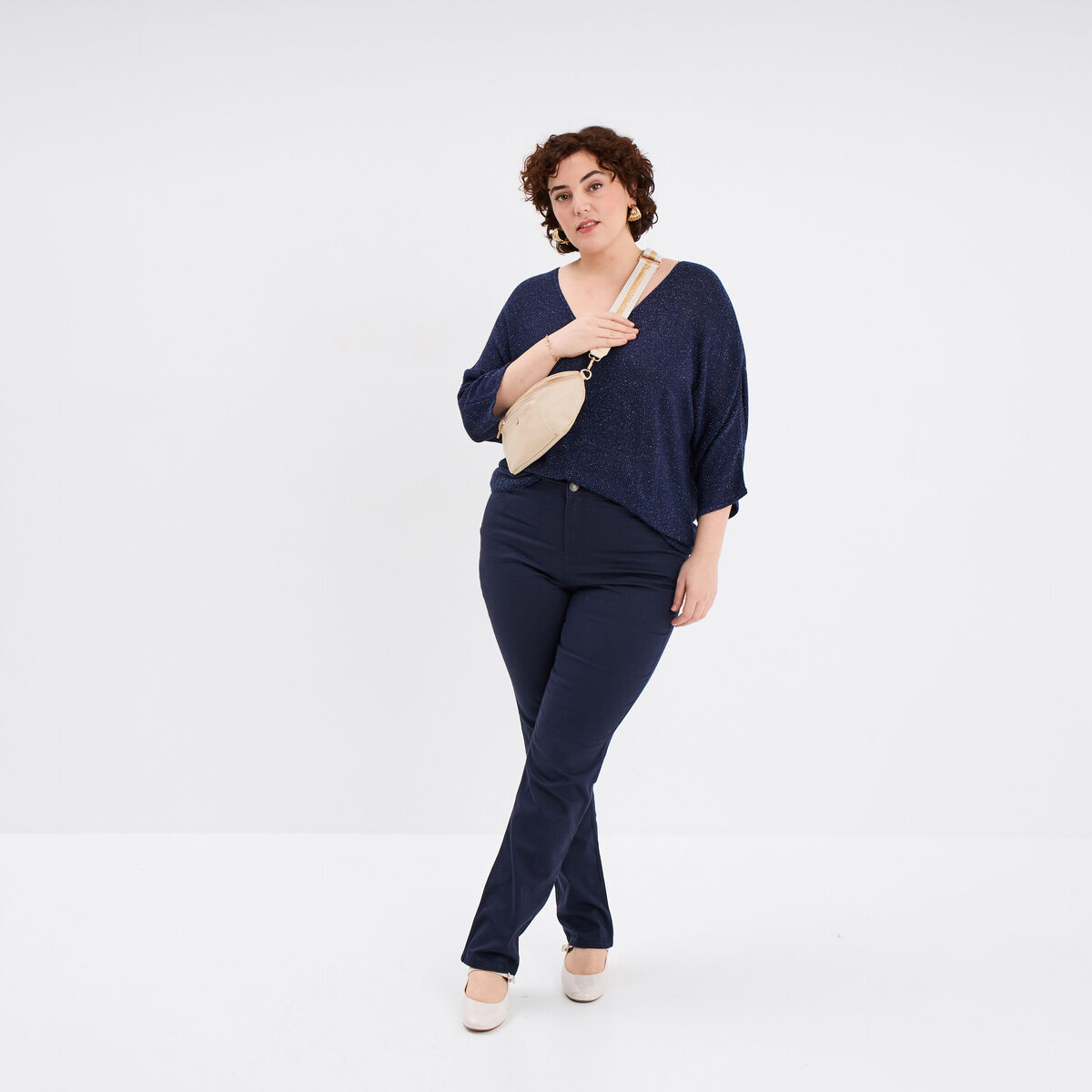 Pantalon droit taille haute extensible bleu marine femme grande taille