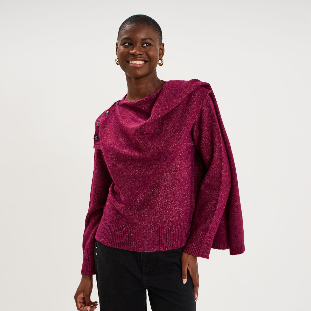 Pull col rond &eacute;charpe amovible rouge fonc&eacute; femme