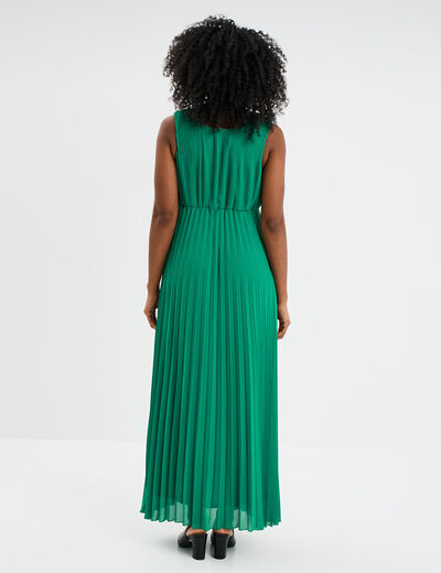 Robe longue plissée sans manches col V vert émeraude femme