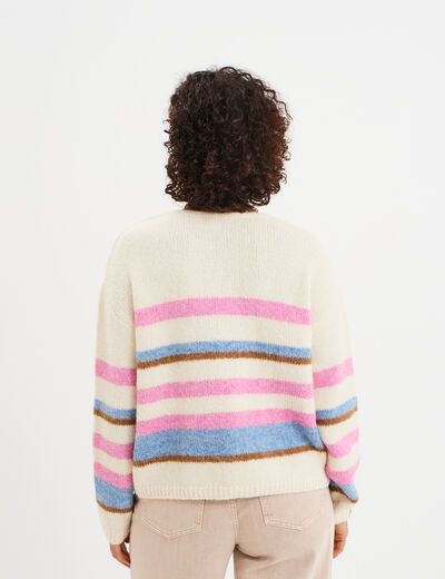 Pull col en V manches longues ecru femme