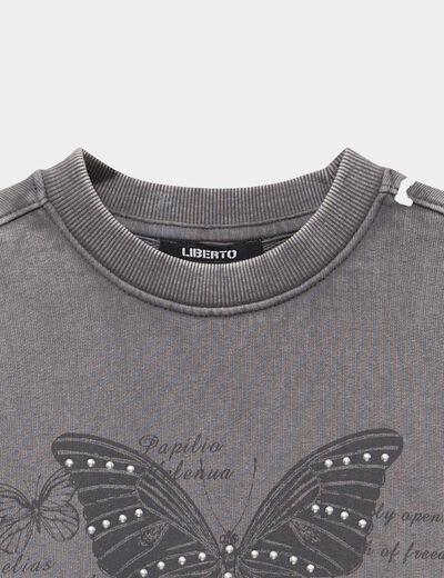 Sweat effet d&eacute;lav&eacute; &agrave; clous coton gris fille
