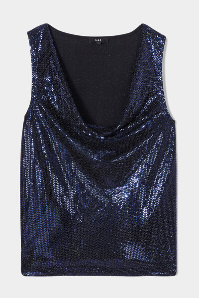 T-shirt col bénitier à strass bleu femme