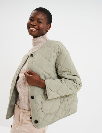 Veste matelass&eacute;e boutonn&eacute;e col rond vert kaki femme