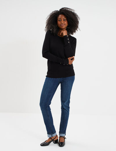 Pull col rond boutons aux poignets noir femme