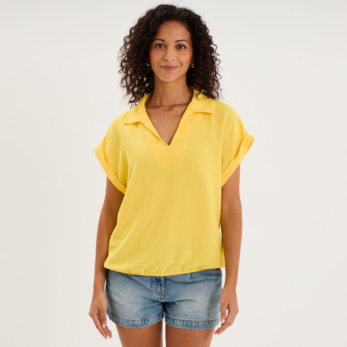 Blouse manches courtes effet boule jaune clair femme