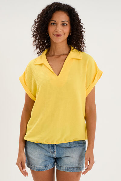 Blouse manches courtes effet boule jaune clair femme