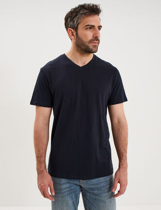 T-shirt manches courtes coton col V bleu marine homme