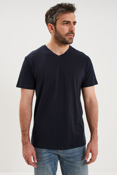 T-shirt manches courtes coton col V bleu marine homme