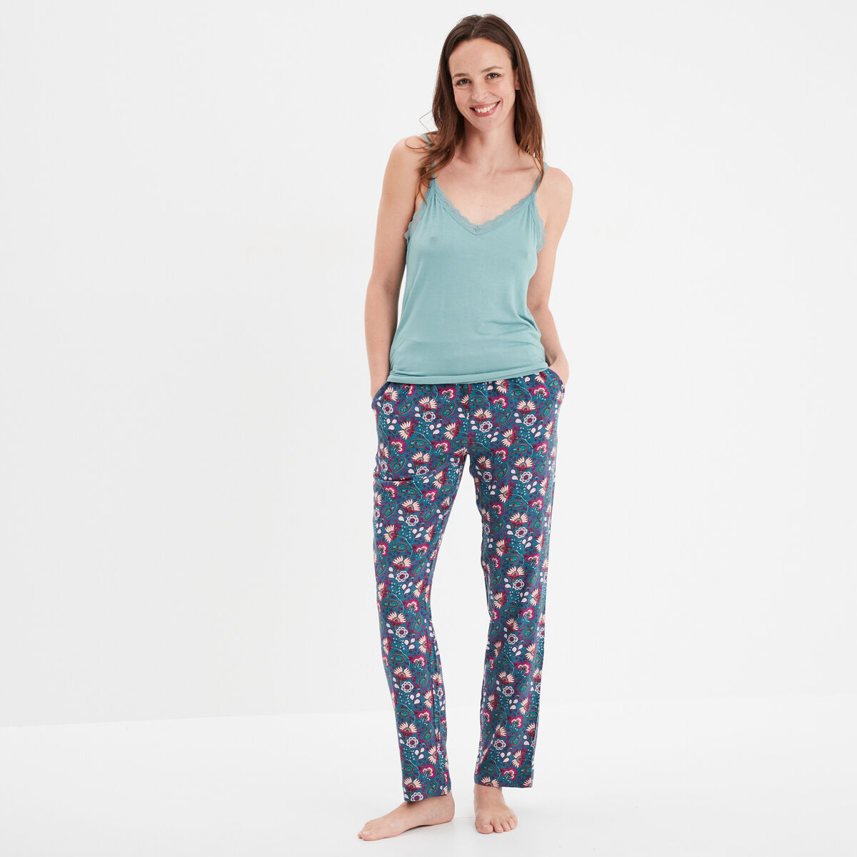 Haut de pyjama d&eacute;bardeur &agrave; bretelles bleu gris femme