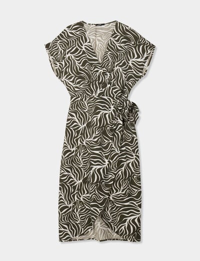 Robe portefeuille longue manches courtes vert kaki femme