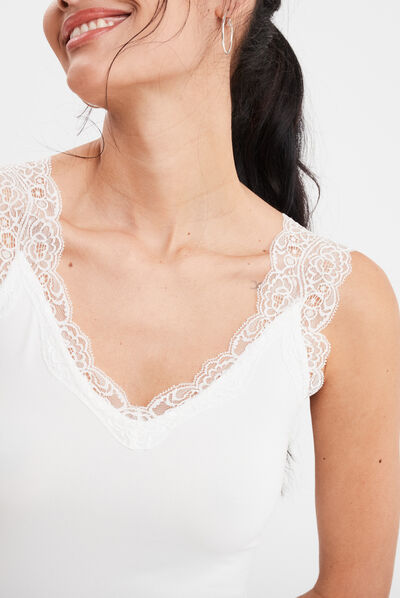 Débardeur détail dentelle ajusté ecru femme