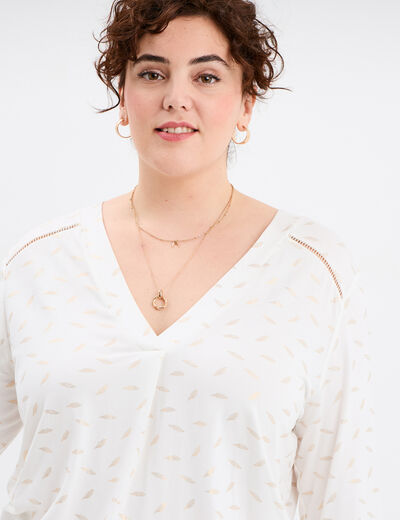 T-shirt manches 3/4 bandes ajourées ecru femme grande taille