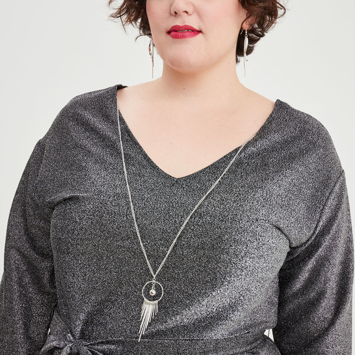 Robe bijou manches 3/4 chauves-souris gris argent femme grande taille