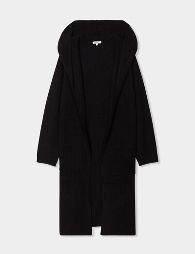 Gilet long à capuche manches longues noir femme