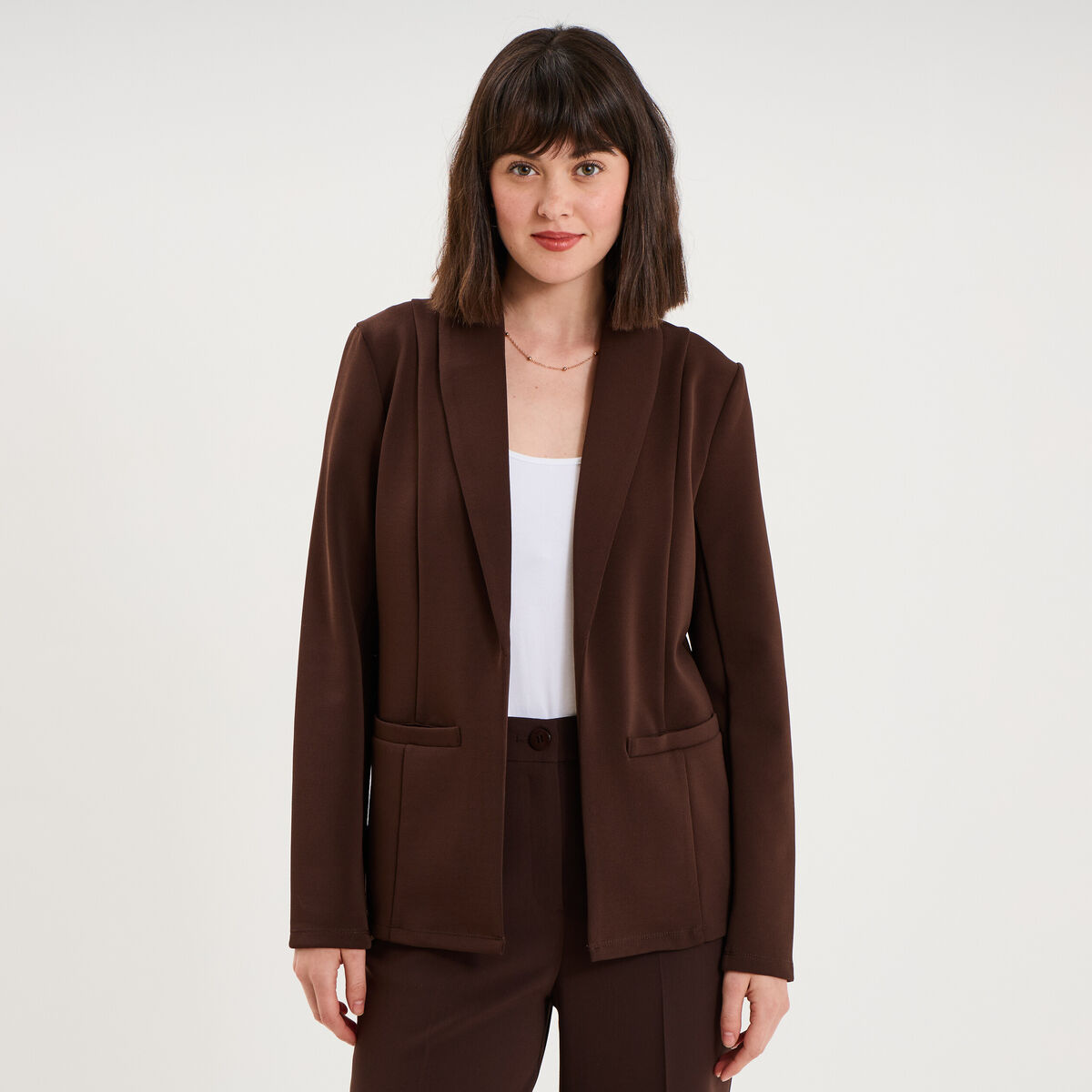 Blazer col tailleur manches longues marron fonc&eacute; femme