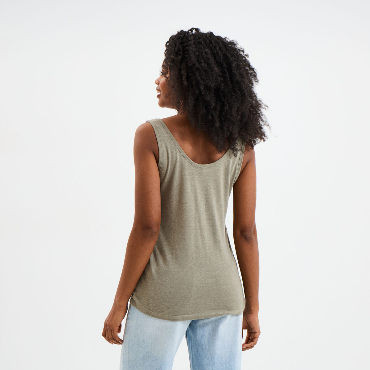 Débardeur col rond lin mélangé vert kaki femme