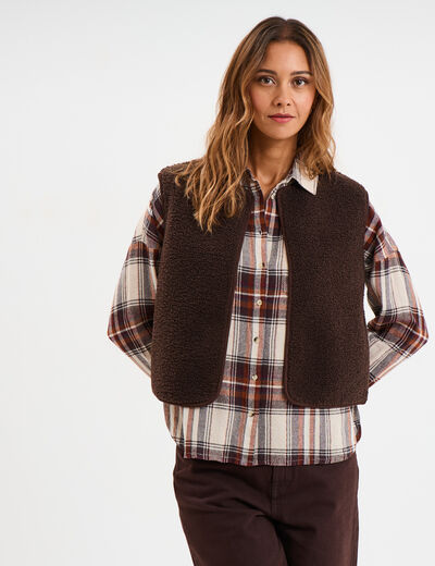 Gilet r&eacute;versible polaire sans manches marron fonc&eacute; femme