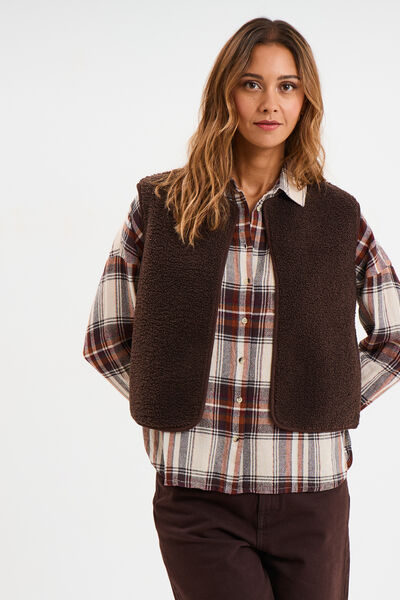 Gilet r&eacute;versible polaire sans manches marron fonc&eacute; femme