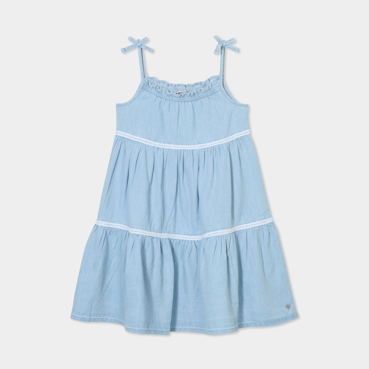 Robe trap&egrave;ze volants &agrave; bretelles coton denim double stone fille