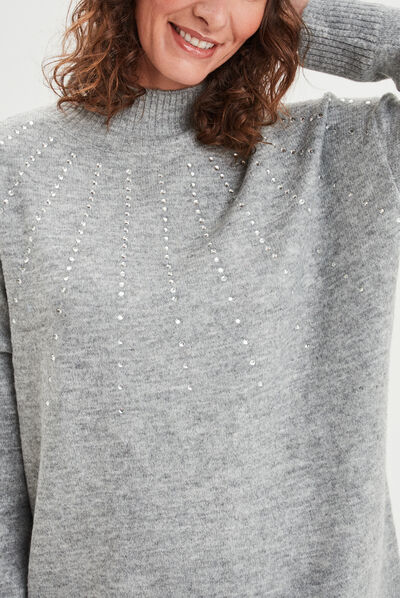 Robe pull courte avec strass gris femme
