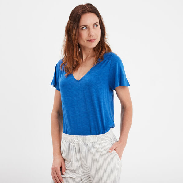 t shirt manches courtes epaules smockees bleu roi femme T-shirt manches courtes épaules smockées bleu roi femme
