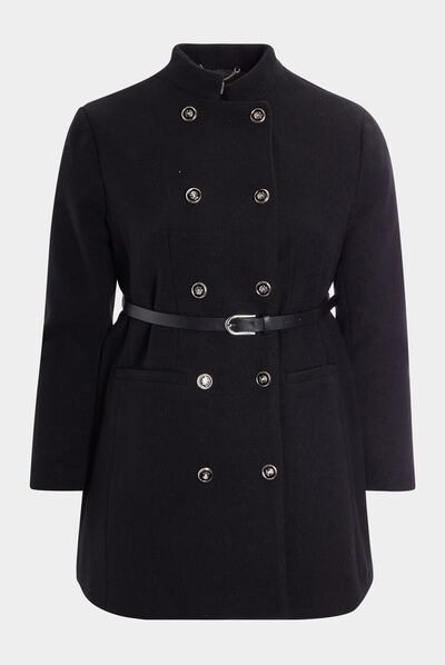 Manteau esprit officier droit ceinturé noir femme grande taille