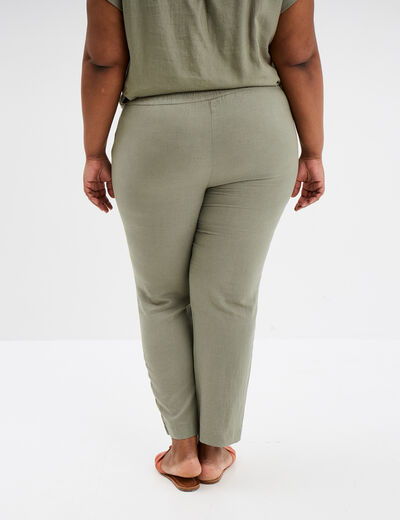 Pantalon chino droit en lin mélangé vert kaki femme grande taille