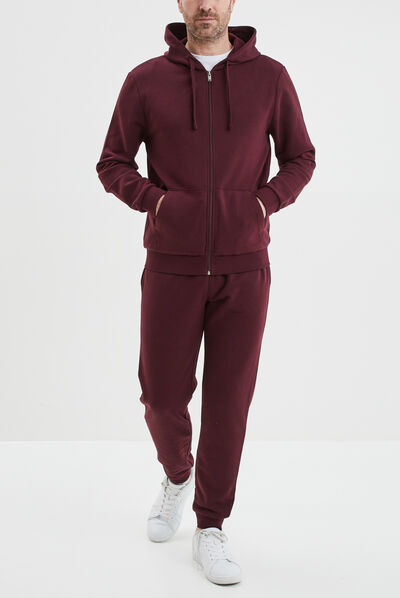 Sweat zippé molleton à capuche prune homme