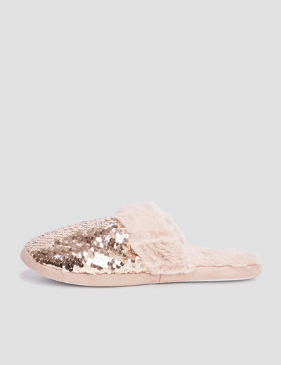 Chaussons mules sequins et fourrure jaune or femme