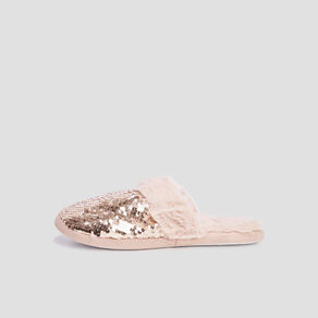 chaussons mules sequins et fourrure jaune or femme Chaussons mules sequins et fourrure jaune or femme