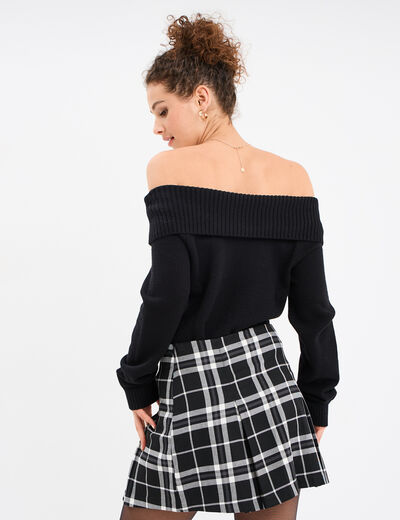 Pull cintré col bateau manches longues noir femme