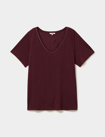 T-shirt manches courtes col V violet fonc&eacute; femme grande taille