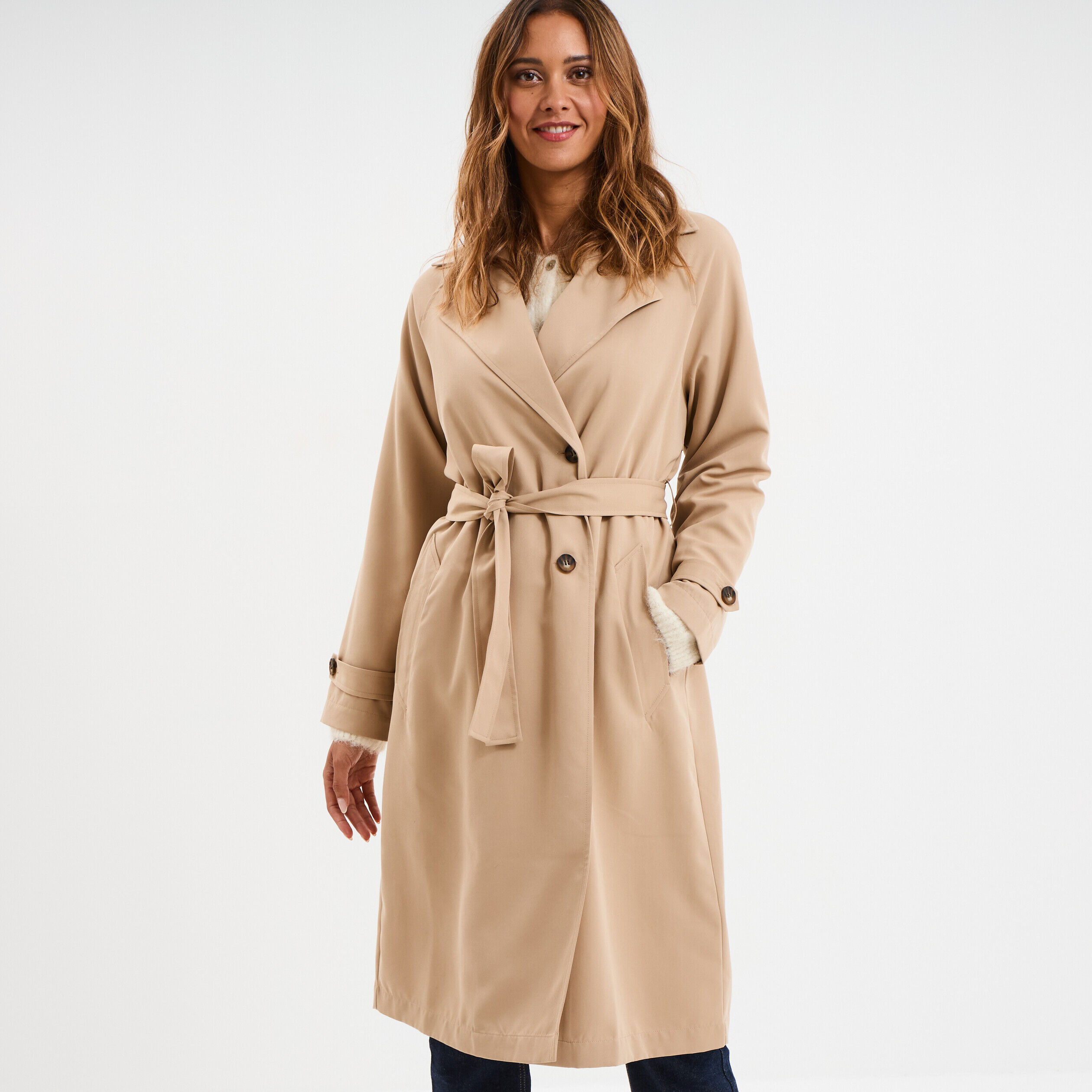 Trench long fluide ceinturé sable femme LH