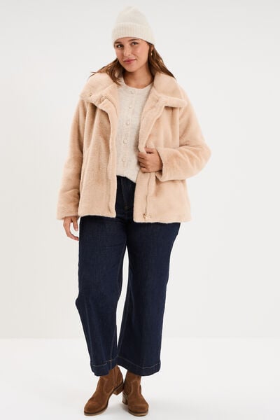 Veste fausse fourrure col montant beige femme grande taille