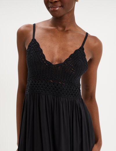 Robe longue buste effet crochet noir femme
