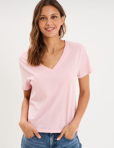 T-shirt manches courtes col en V coton rose clair femme